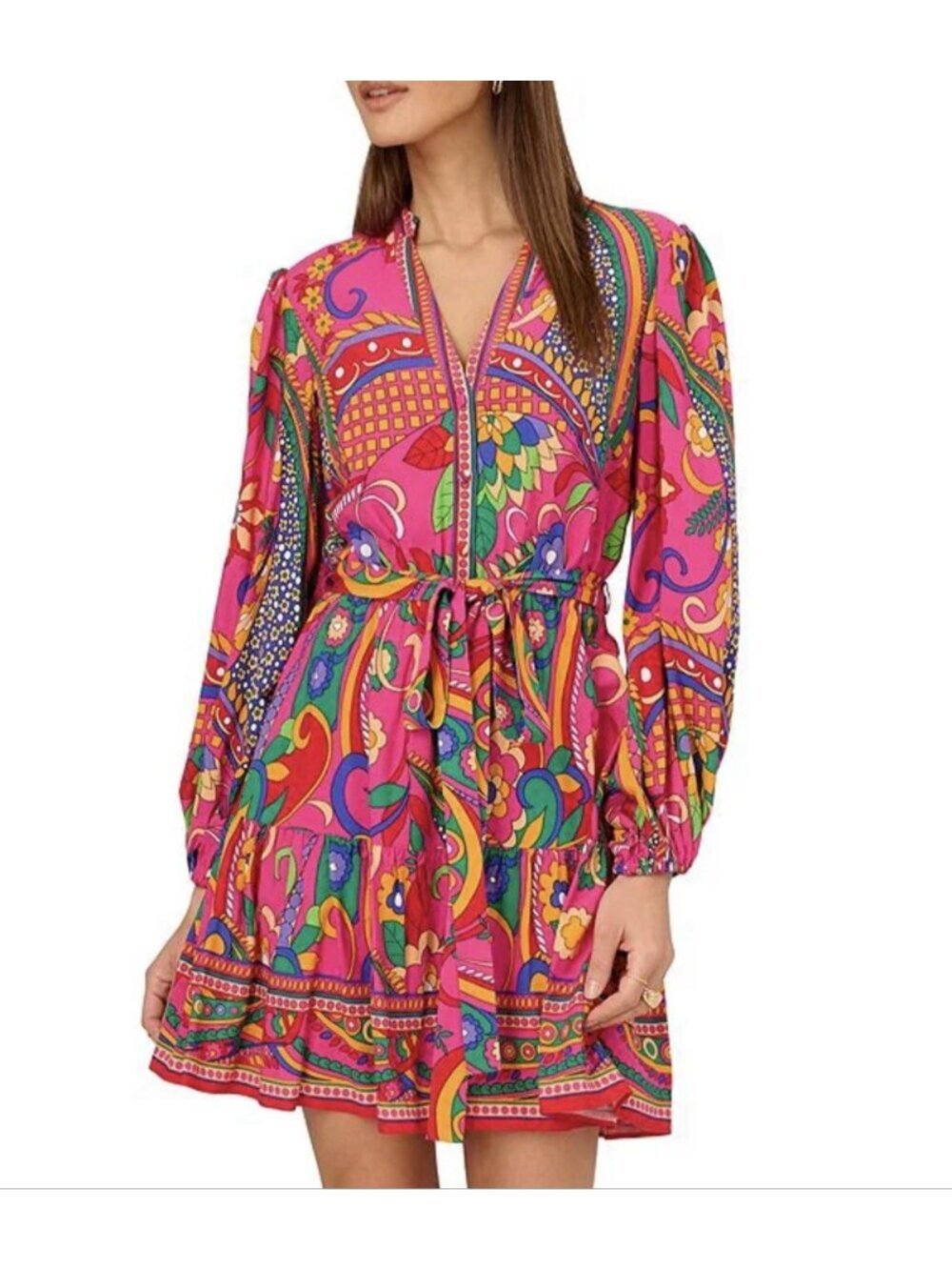 Adrianna by Adrianna Papell Abstract Printed Surplice V-Neck Long Sleeve Dress